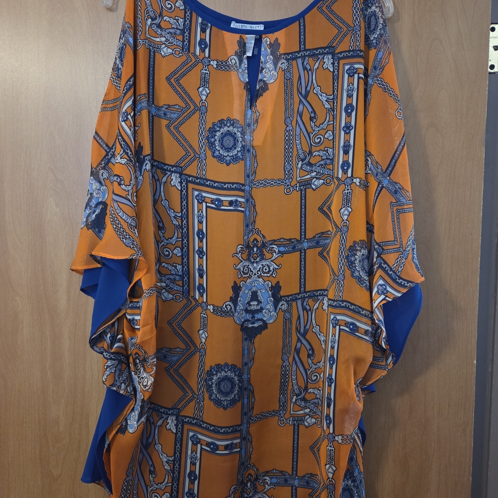 ALBERTO MAKALI  Vibrant Orange and Blue Tunic Size XL